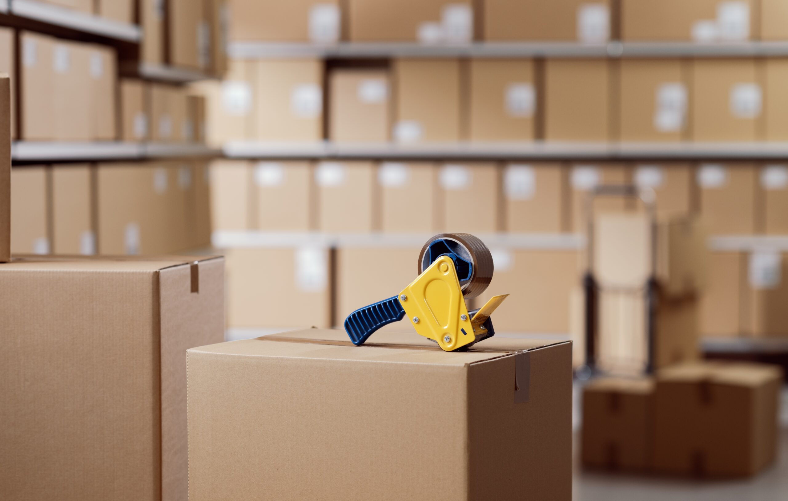 In a packaging and freight facility, a yellow tape applicator sits atop a corrugated box.